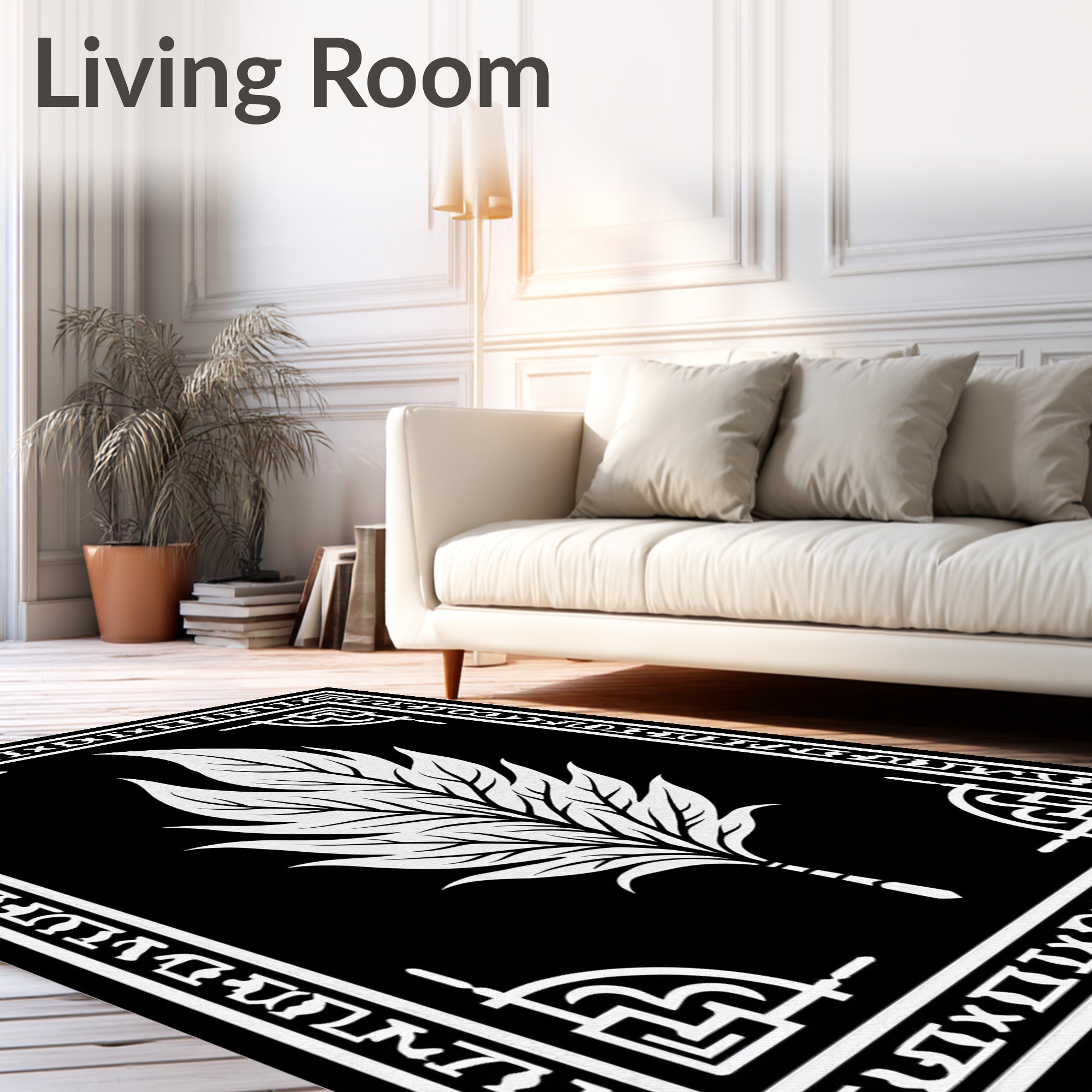 Dramatic White Feather Black Border Rug