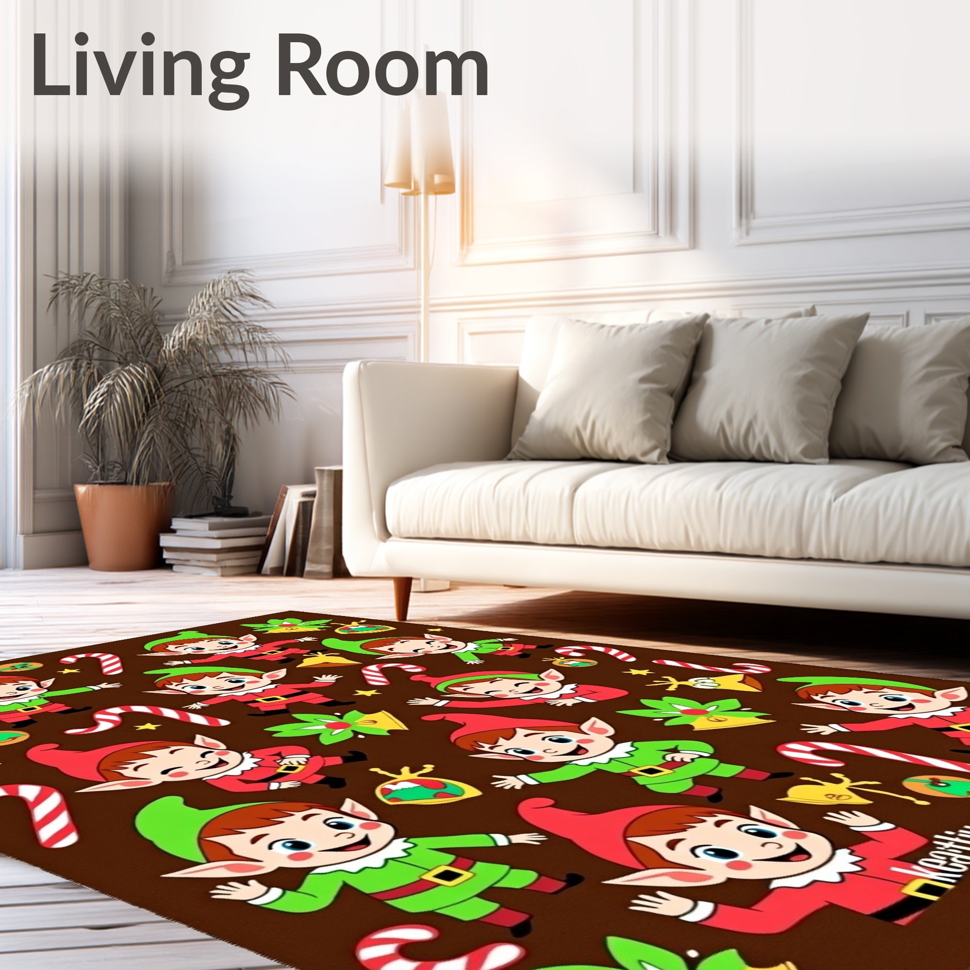 Festive Elf Candy Cane Christmas Brown Rug