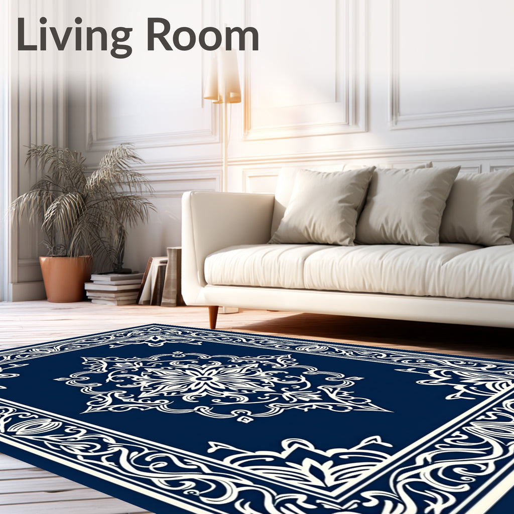 Deep Blue Ornamental Medallion Border Rug