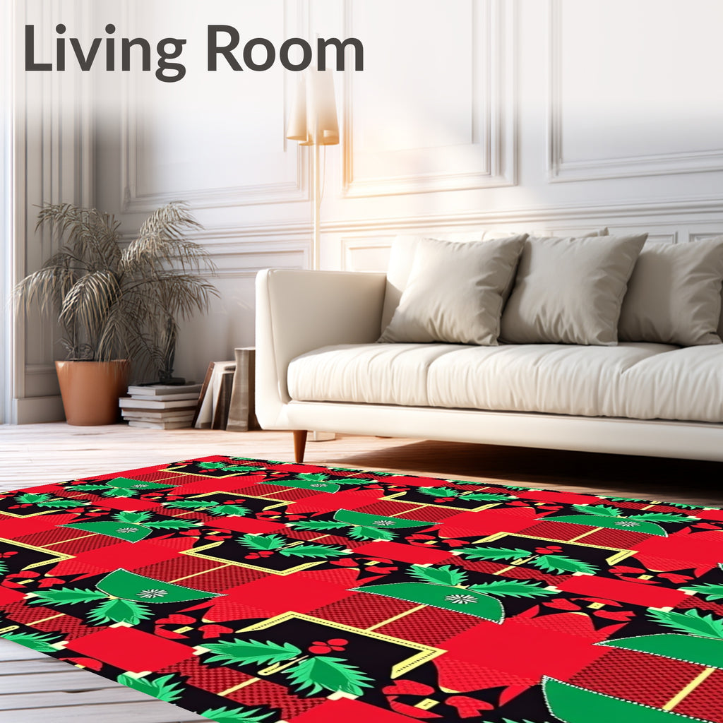 Vibrant Red Black Green Geometric Foliage Rug