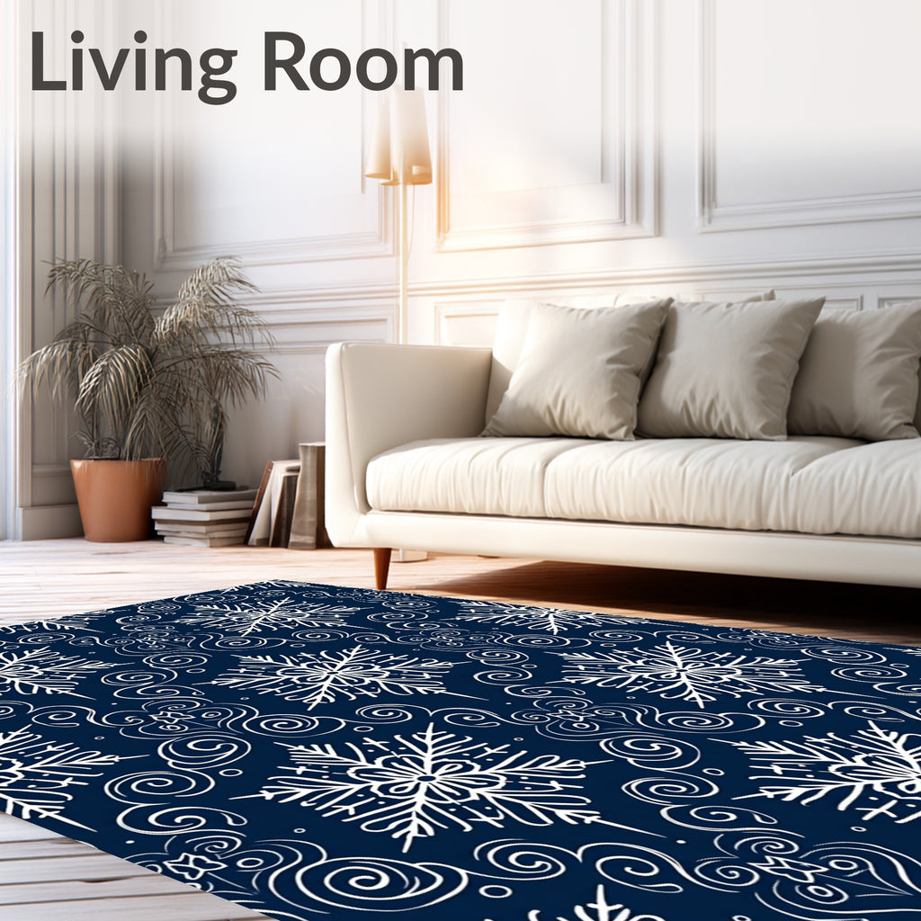 Navy Blue White Snowflake Swirls Rug