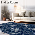 Navy Blue White Snowflake Swirls Rug