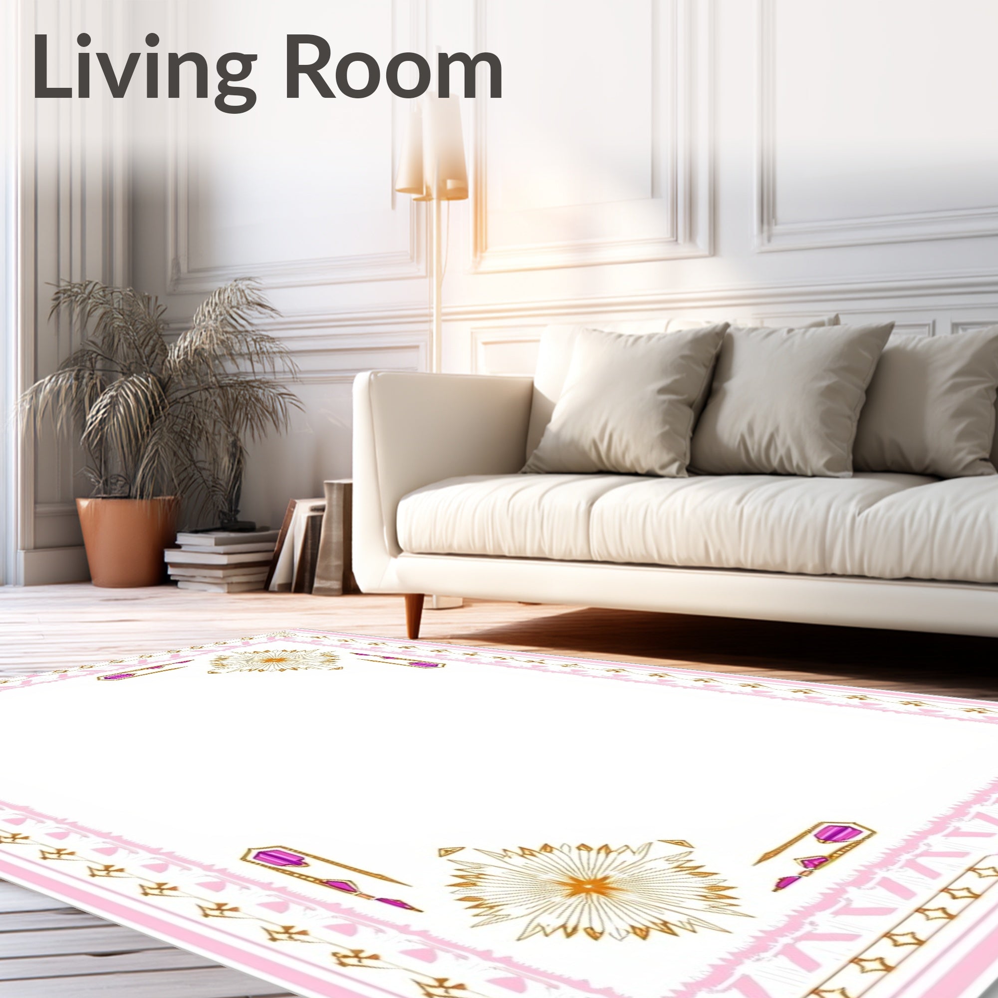 Pink Gold Geometric Medallion Frame Rug