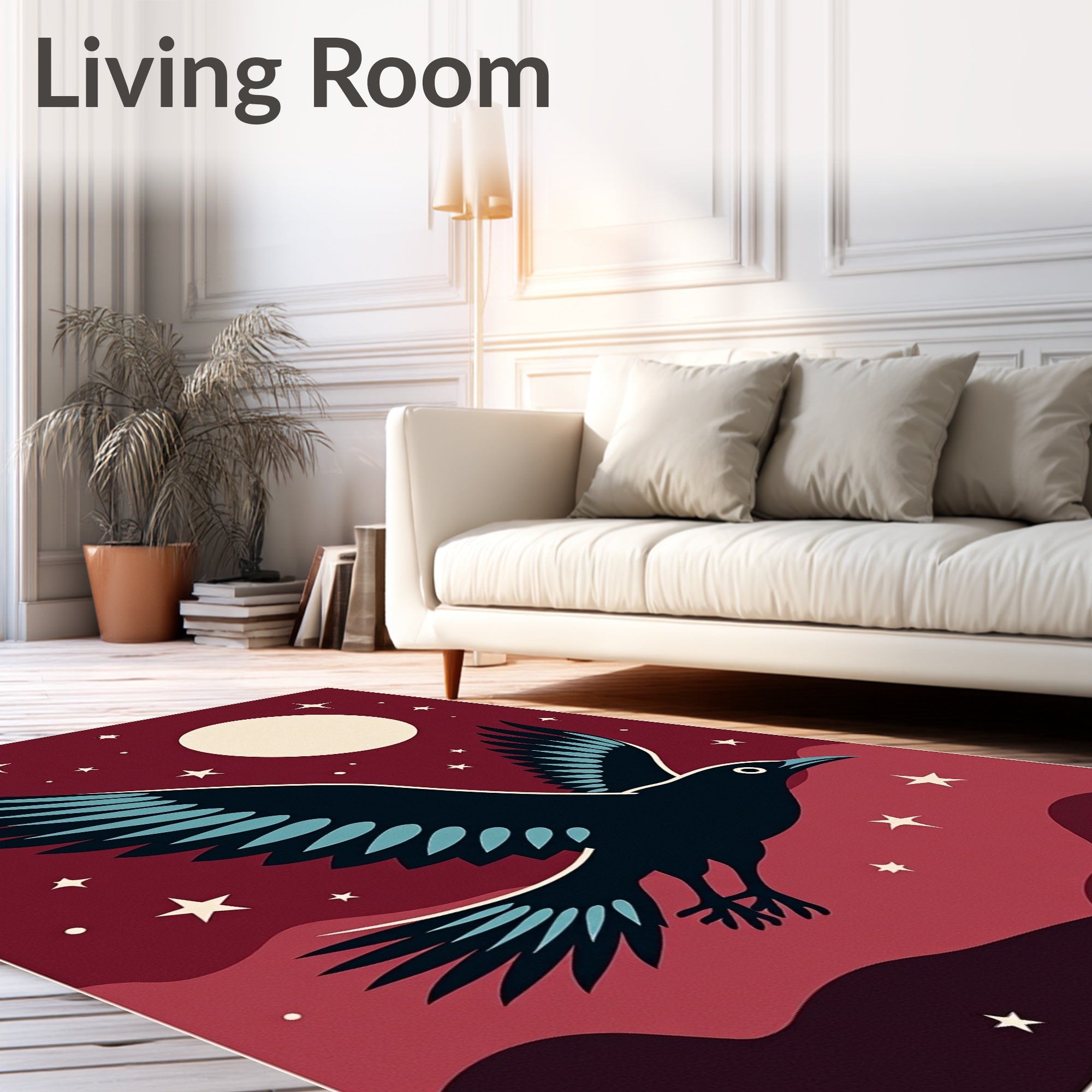 Crimson Night Sky Crow Moon Stars Rug