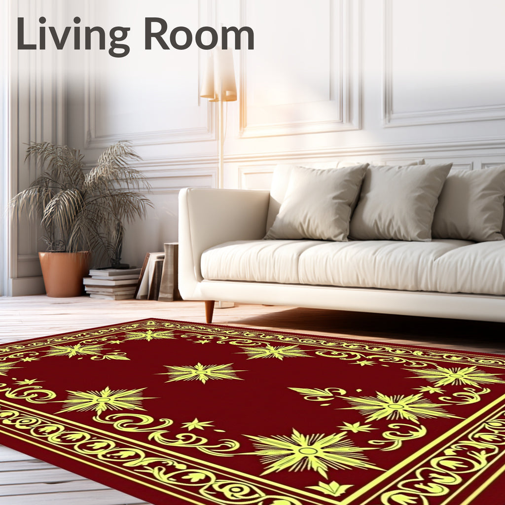 Crimson Yellow Starburst Ornamental Border Rug