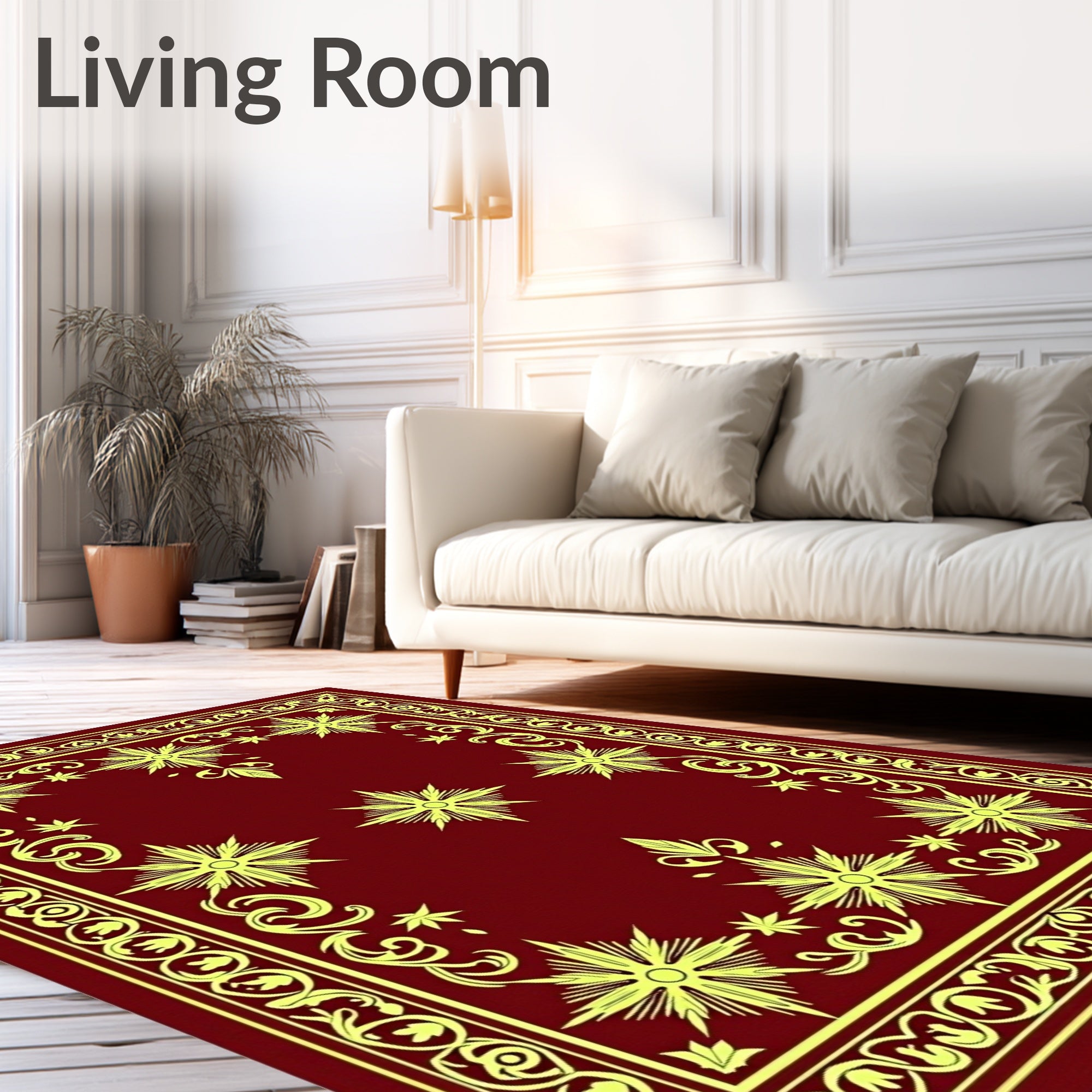 Crimson Yellow Starburst Ornamental Border Rug