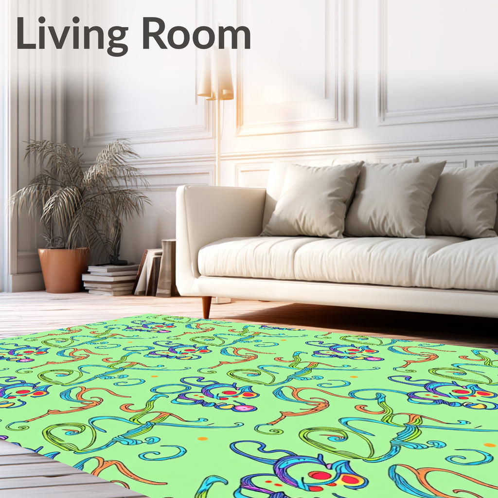 Whimsical Blue Orange Swirls Green Background Rug