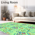 Whimsical Blue Orange Swirls Green Background Rug