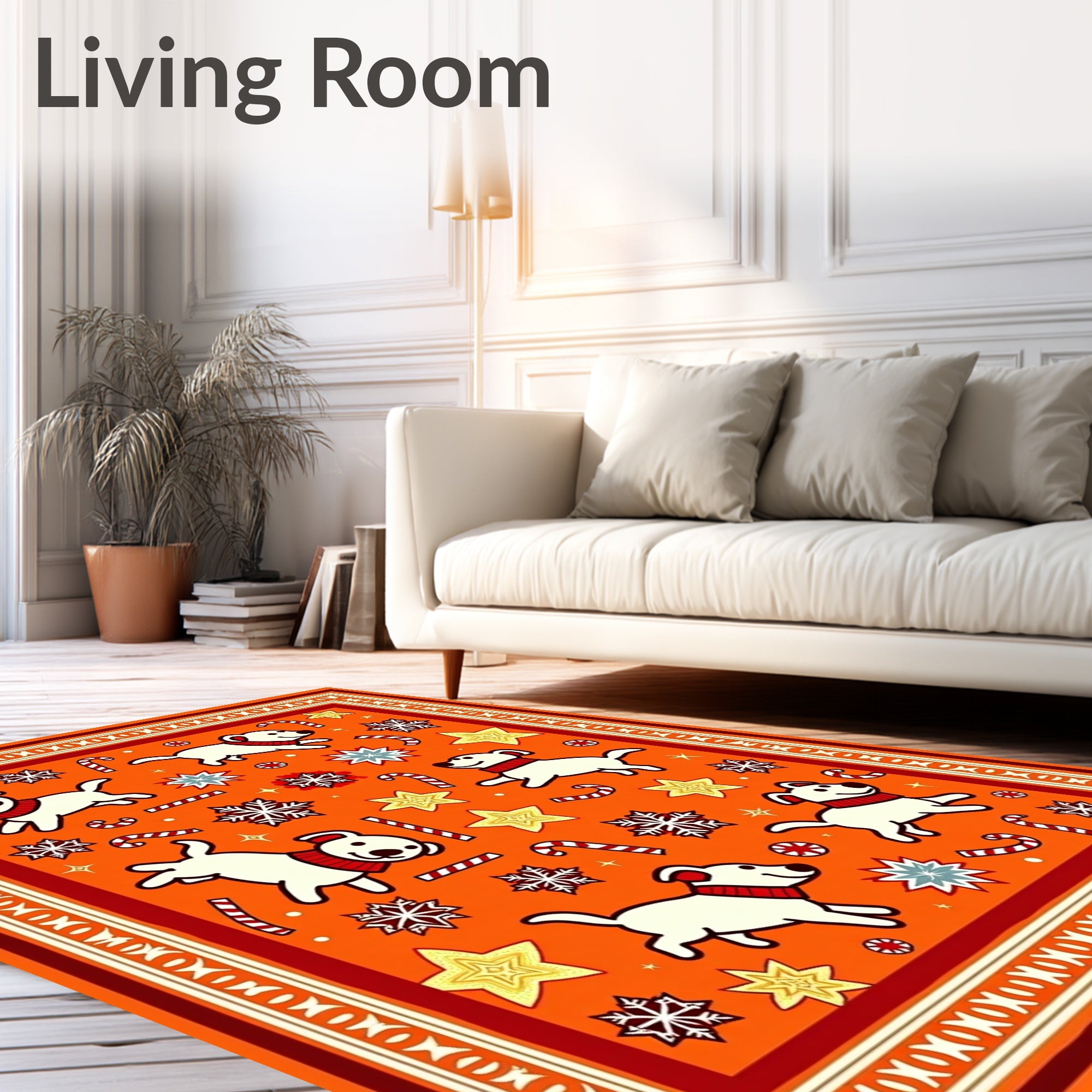 Whimsical Orange Dog Candy Cane Snowflakes Rug