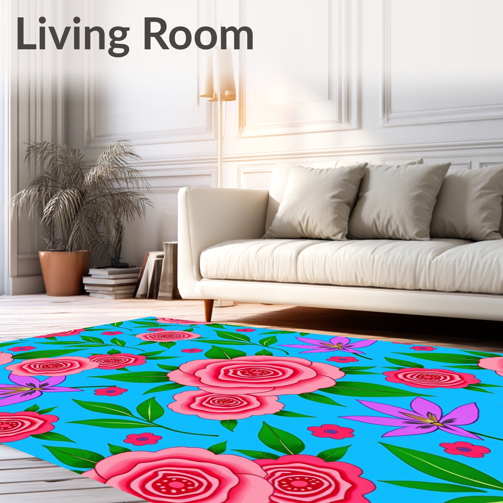 Pink Roses Blue Floral Garden Rug