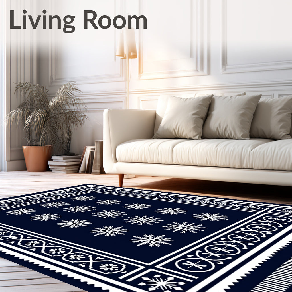 Navy White Snowflake Border Arrangement Rug