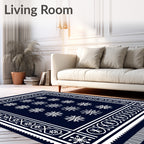 Navy White Snowflake Border Arrangement Rug