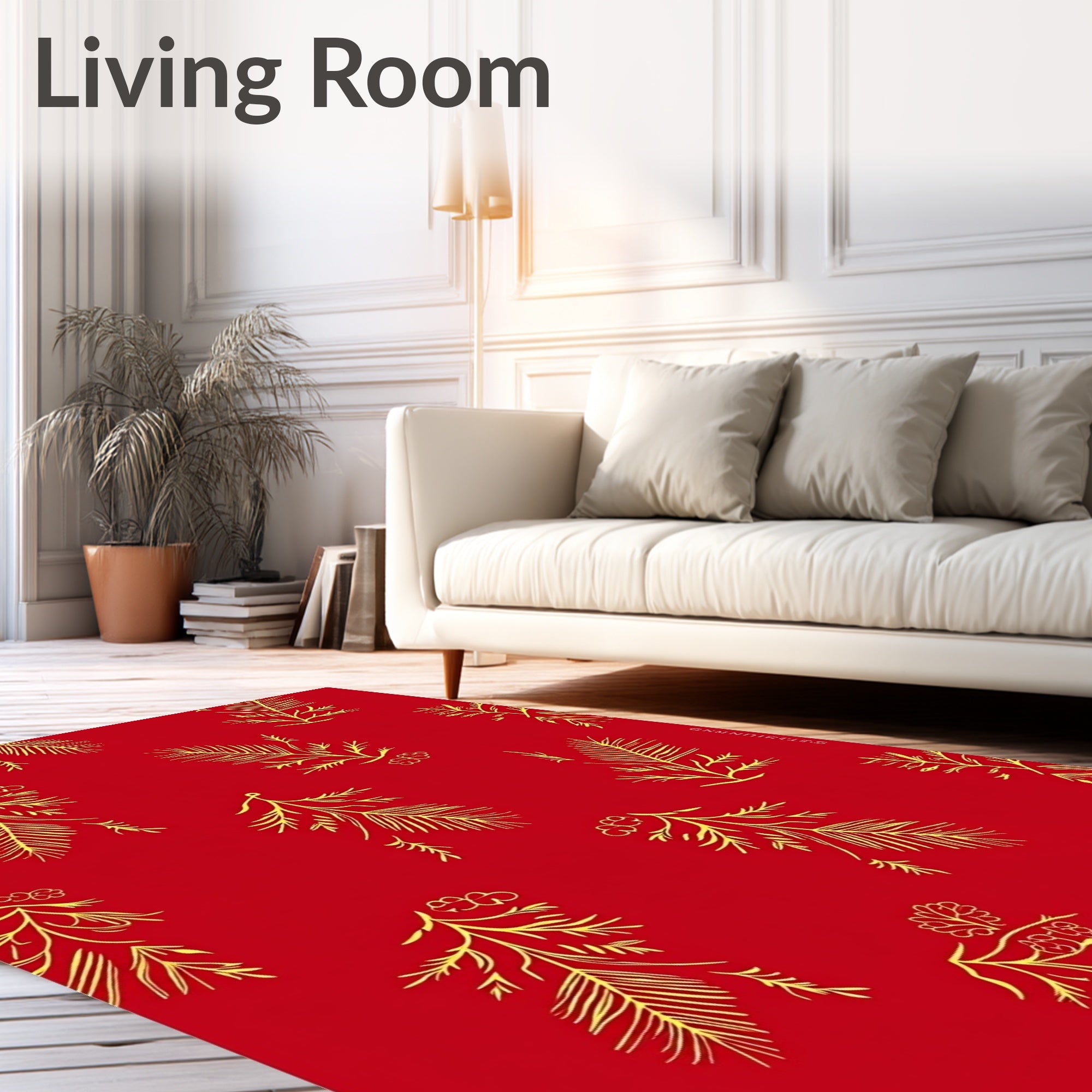 Red Gold Botanical Branch Arrangement Rug