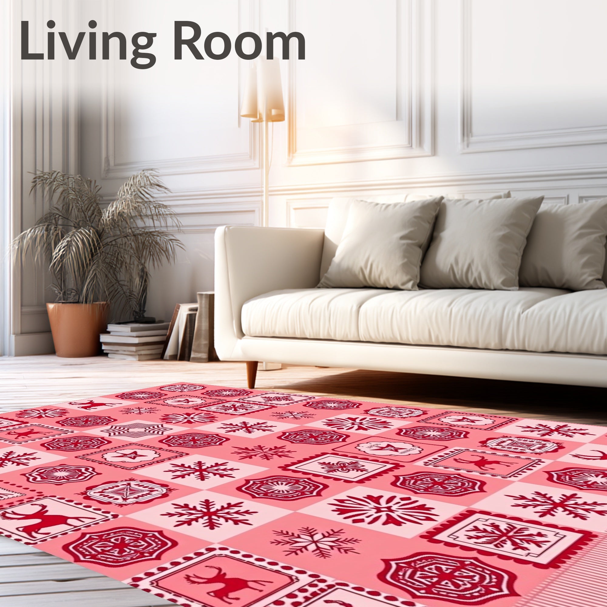 Festive Red Reindeer Snowflake Medallion Mosaic Rug
