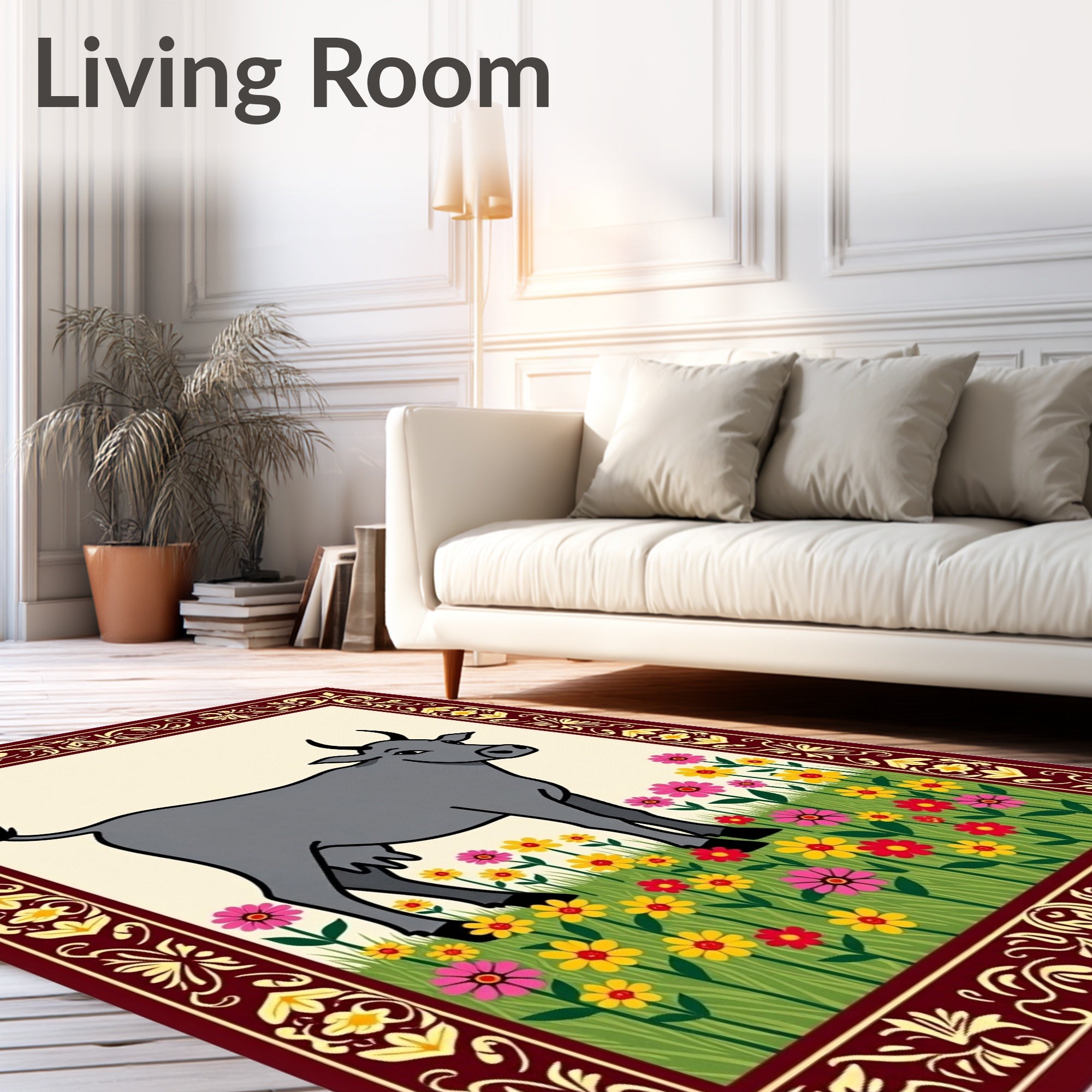 Gray Cow Among Colorful Flowers Rug