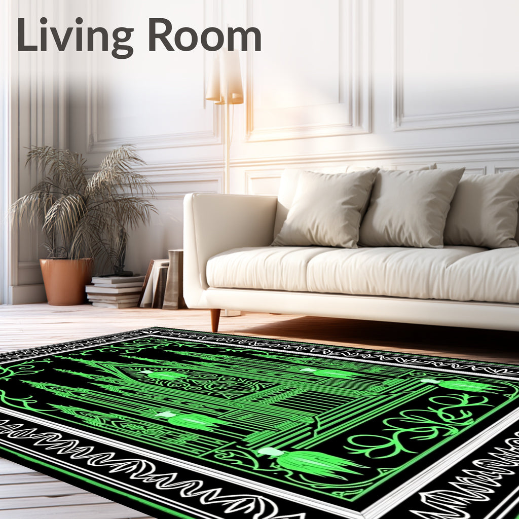 Gothic Green Castle Abstract Border Rug