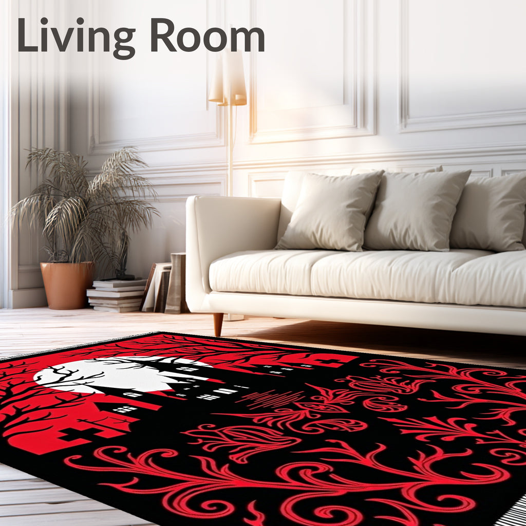 Spooky Red Gothic Castle Moonscape Rug