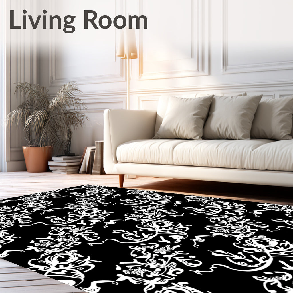 Intricate White Floral Scrollwork Black Rug