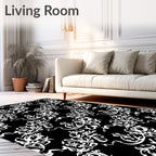 Intricate White Floral Scrollwork Black Rug