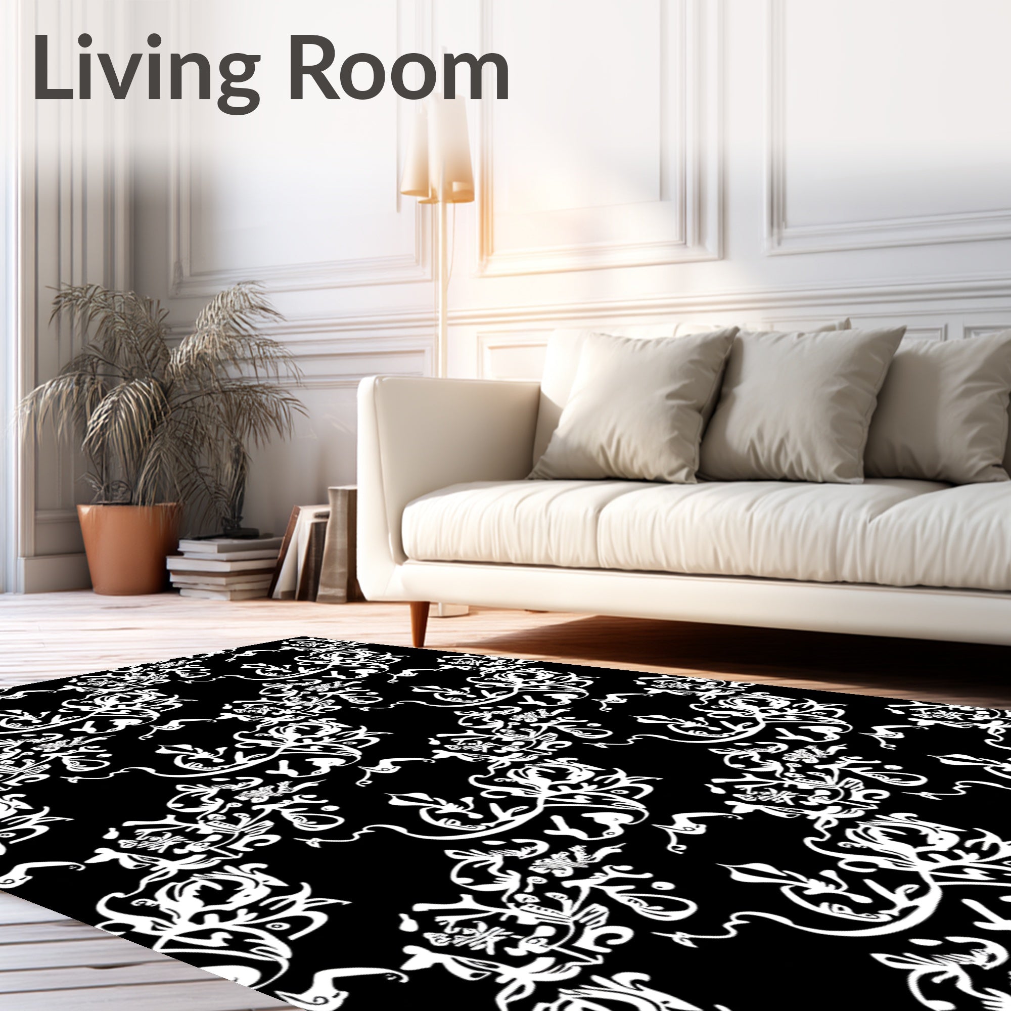 Intricate White Floral Scrollwork Black Rug