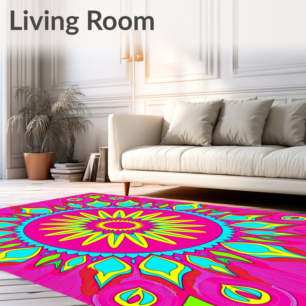 Vibrant Pink Yellow Floral Mandala Rug