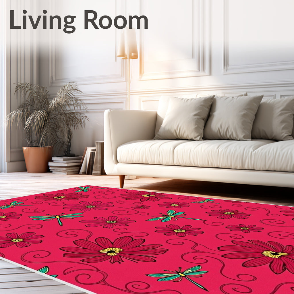 Crimson Floral Dragonfly Swirl Rug