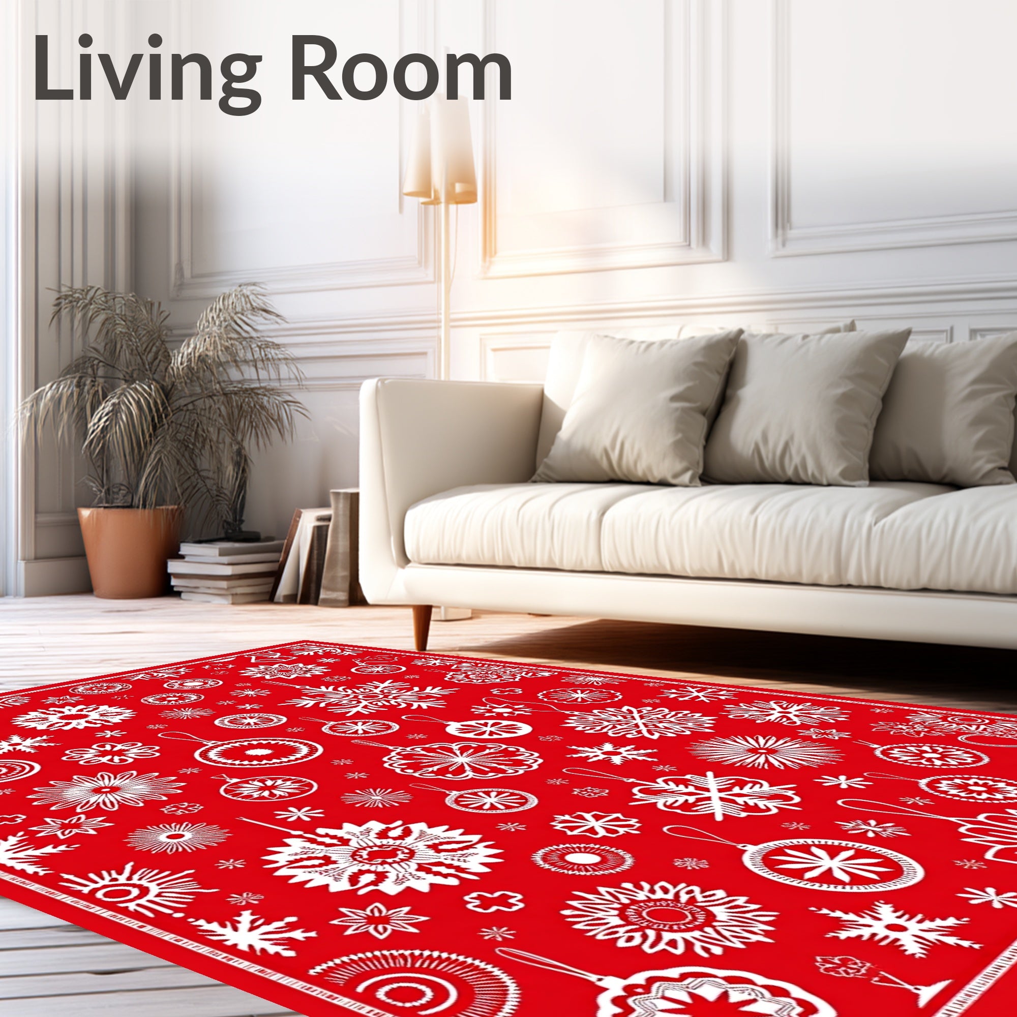 Festive Red White Snowflake Ornament Arrangement Rug