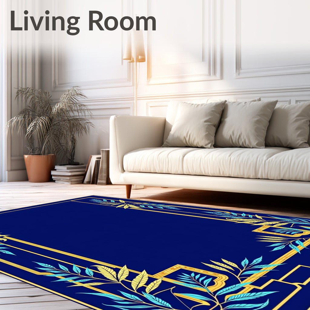 Midnight Blue Golden Leaf Border Rug
