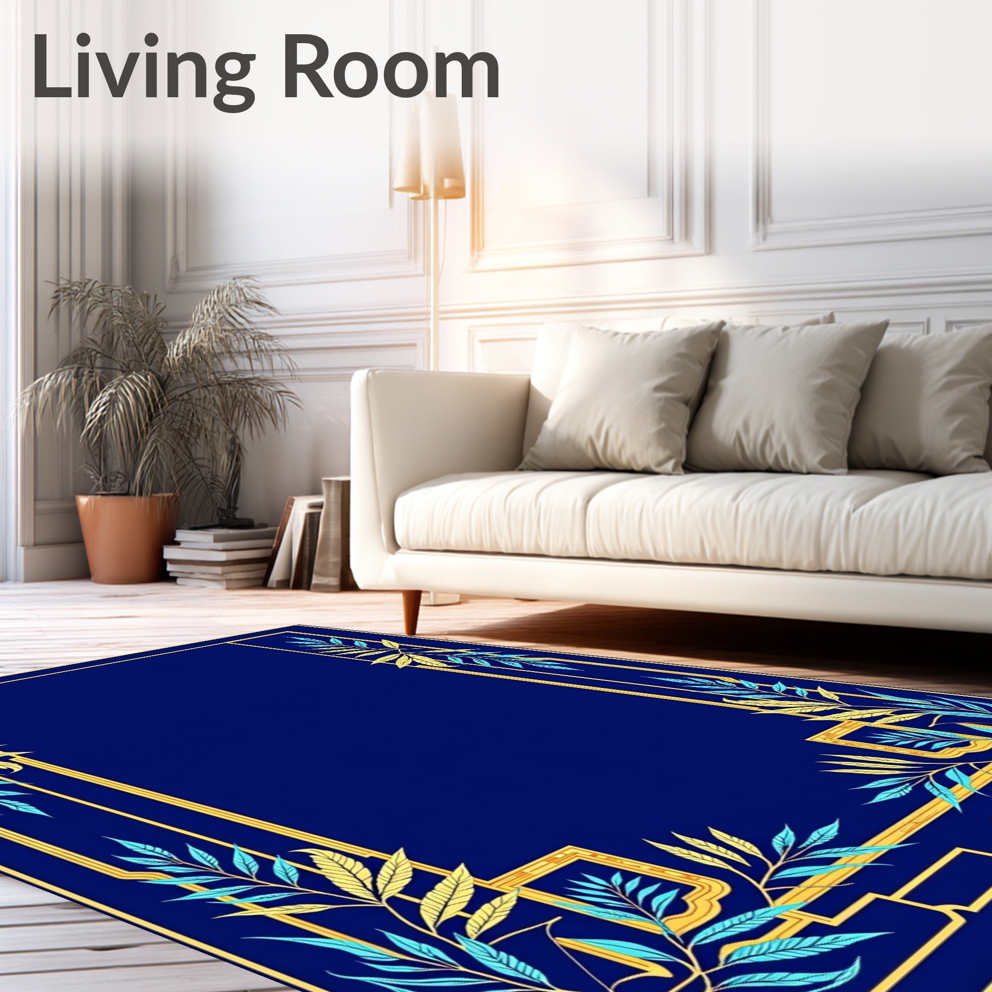 Midnight Blue Golden Leaf Border Rug