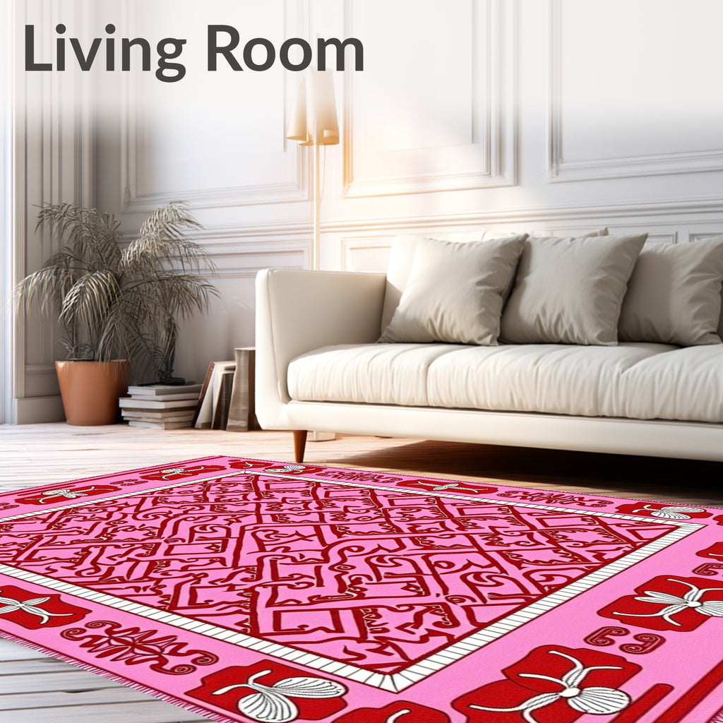 Pink Red Abstract Geometric Border Rug