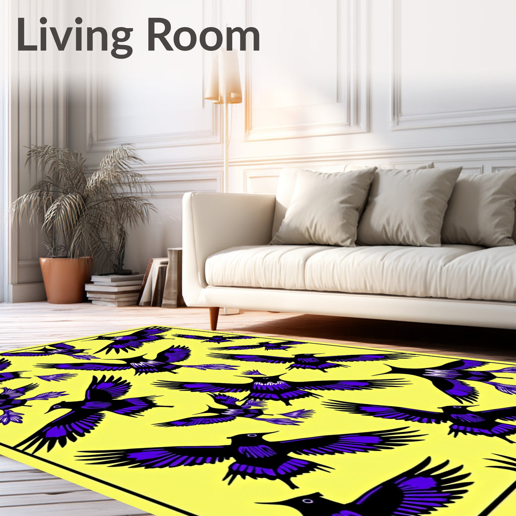 Vibrant Purple Bird Flock Yellow Background Rug