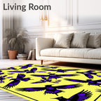 Vibrant Purple Bird Flock Yellow Background Rug