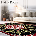 Deep Red Gold Floral Medallion Black Rug