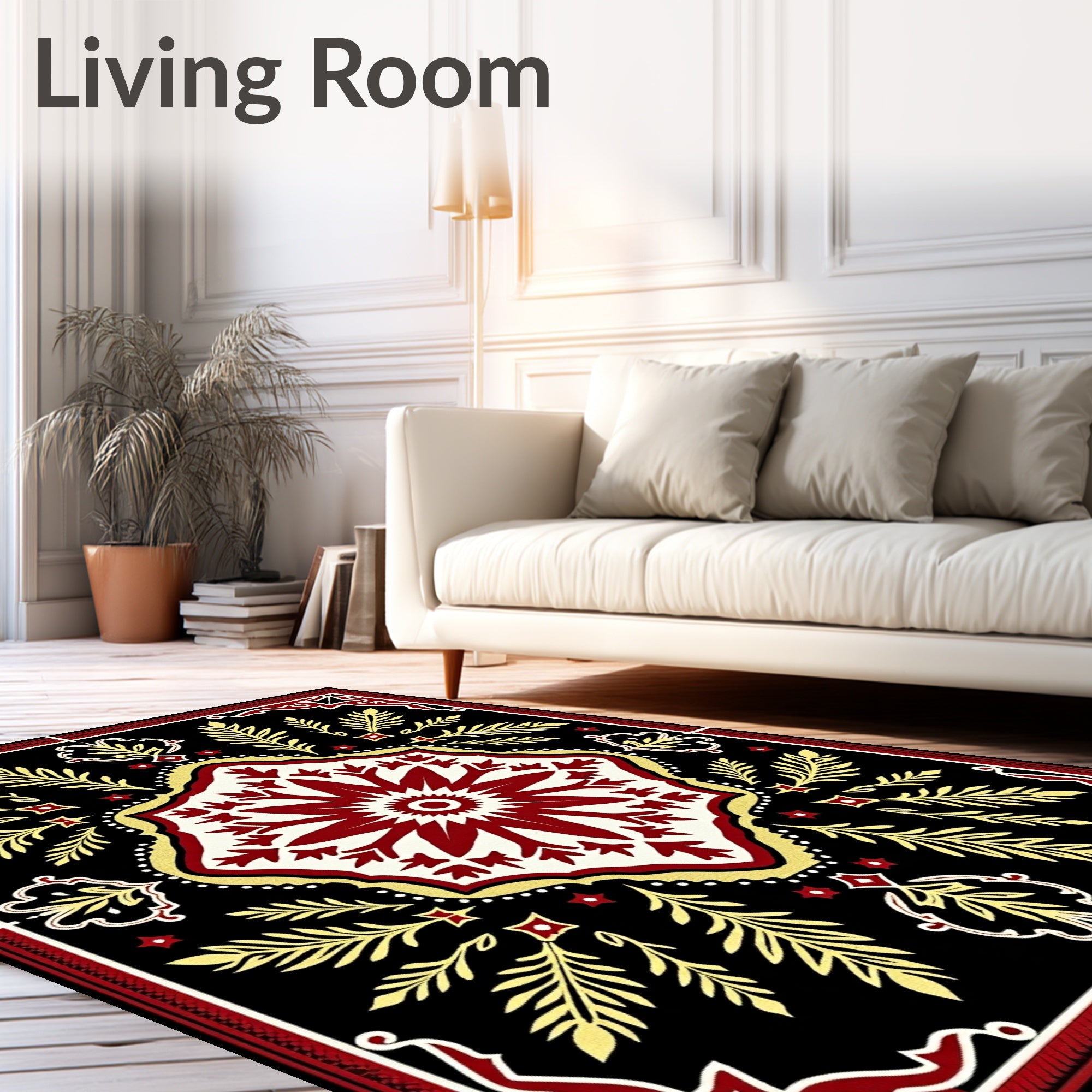 Deep Red Gold Floral Medallion Black Rug
