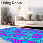 Bold Pink Swirls On Electric Blue Rug