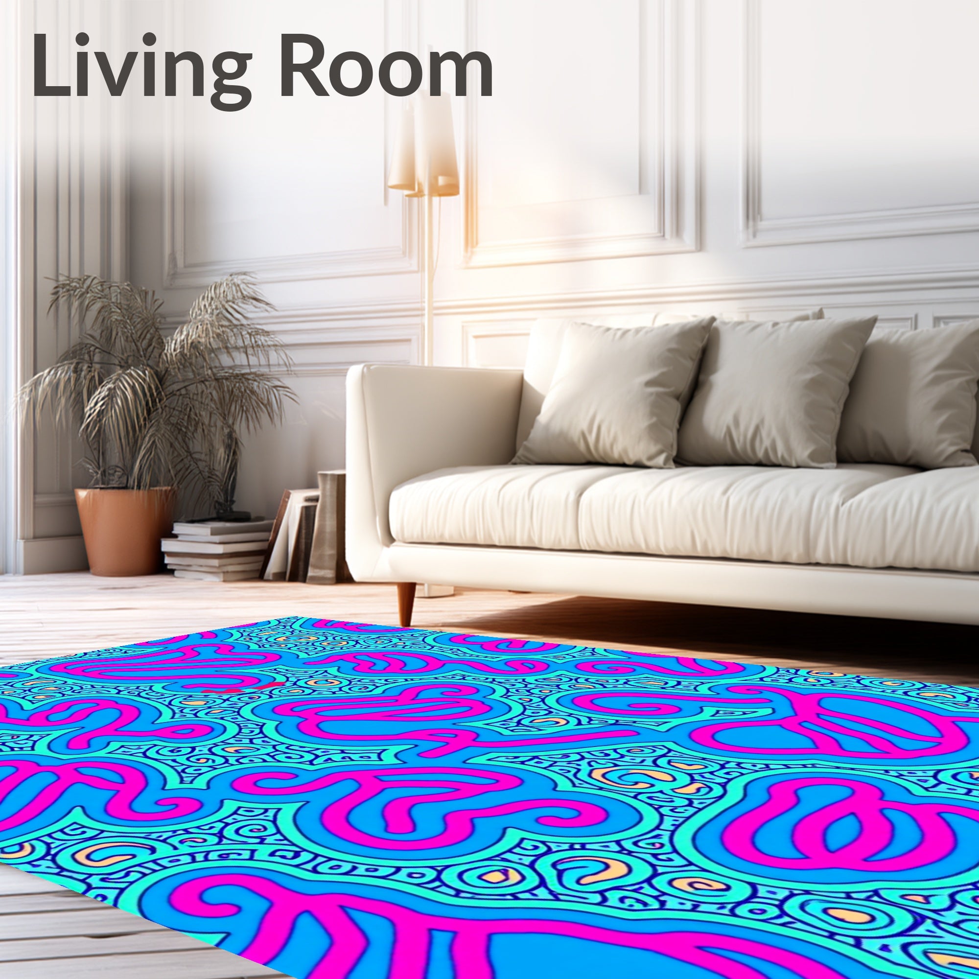 Bold Pink Swirls On Electric Blue Rug