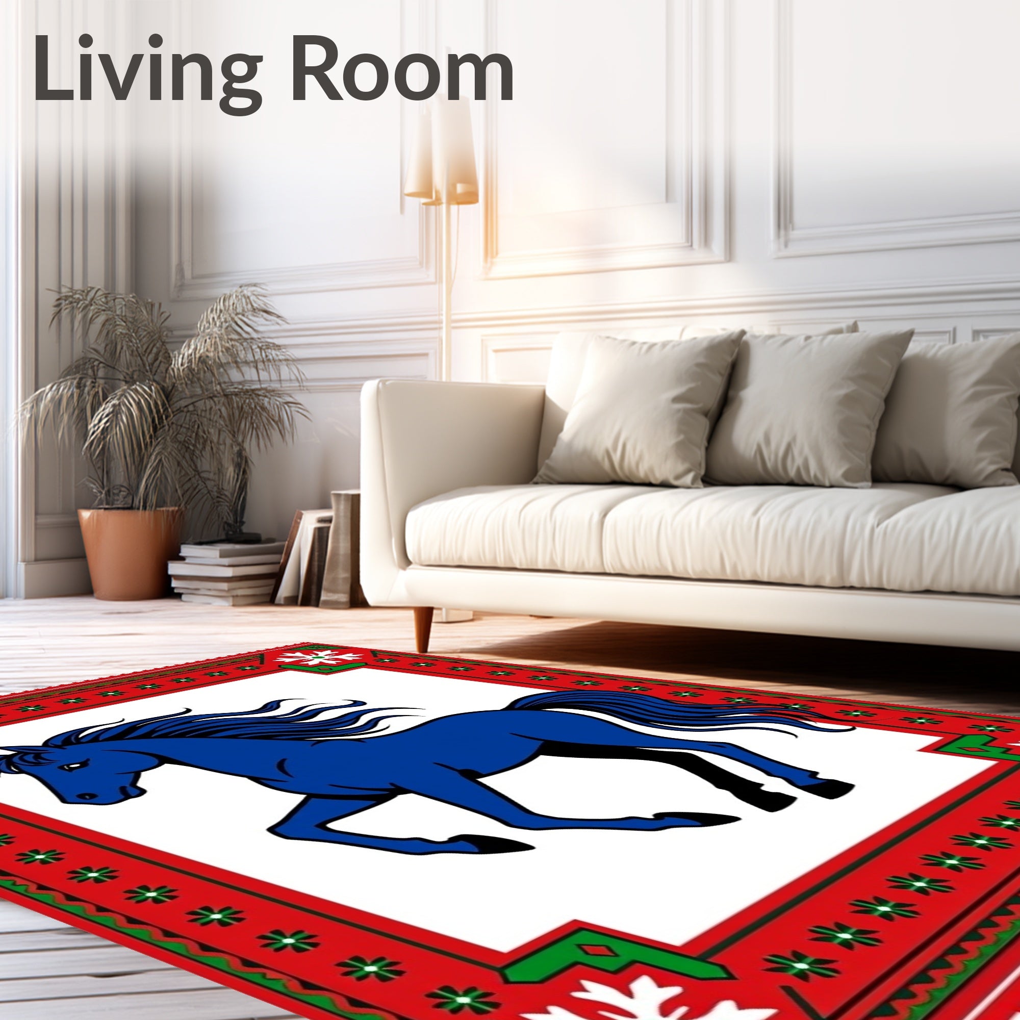Bold Blue Horse Red Green Border Rug