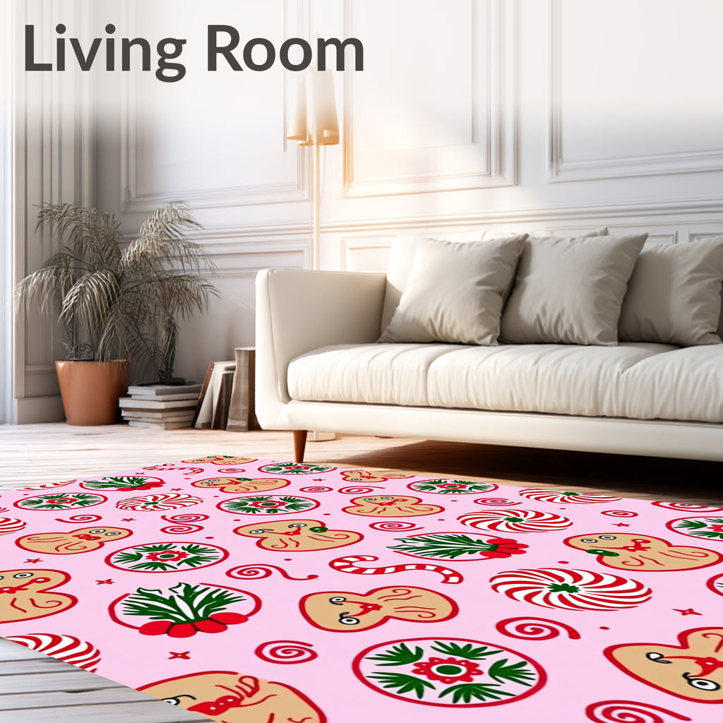 Pink Gingerbread Peppermint Holly Swirls Rug