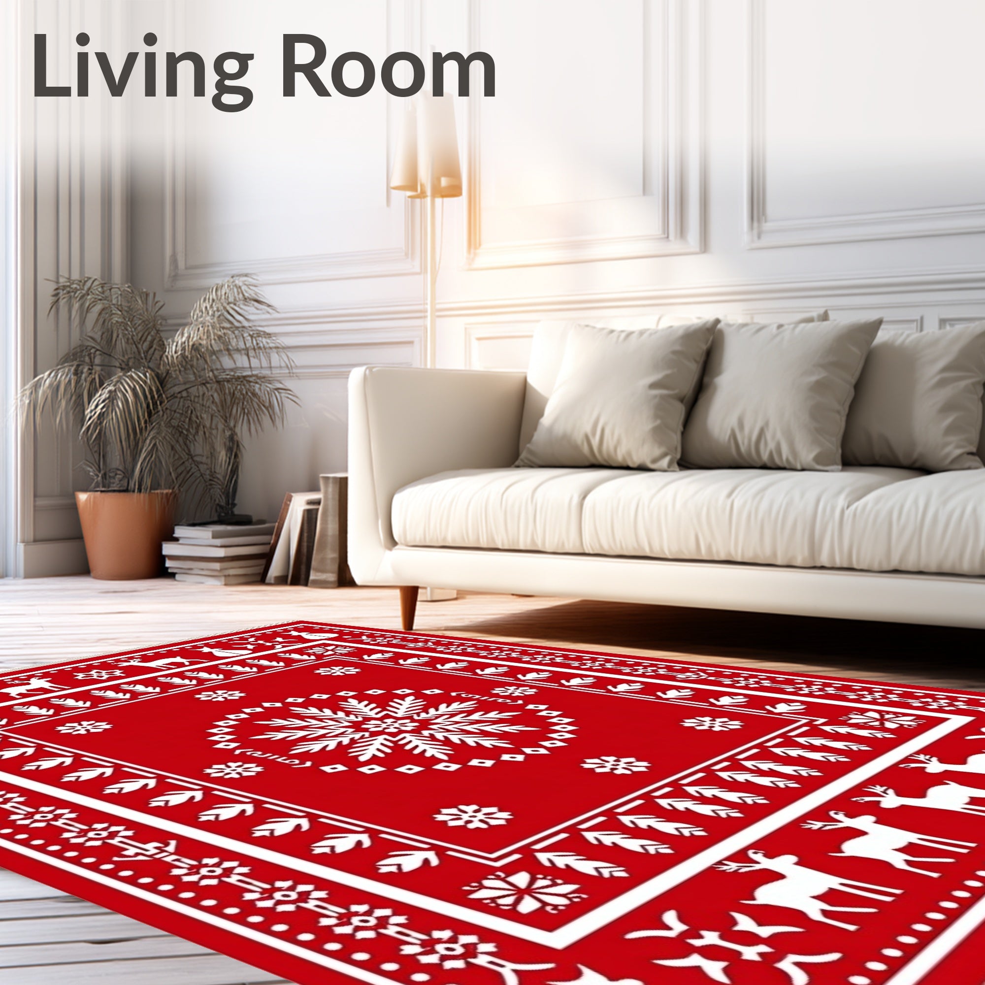 Red Snowflake Deer Folk Art Rug