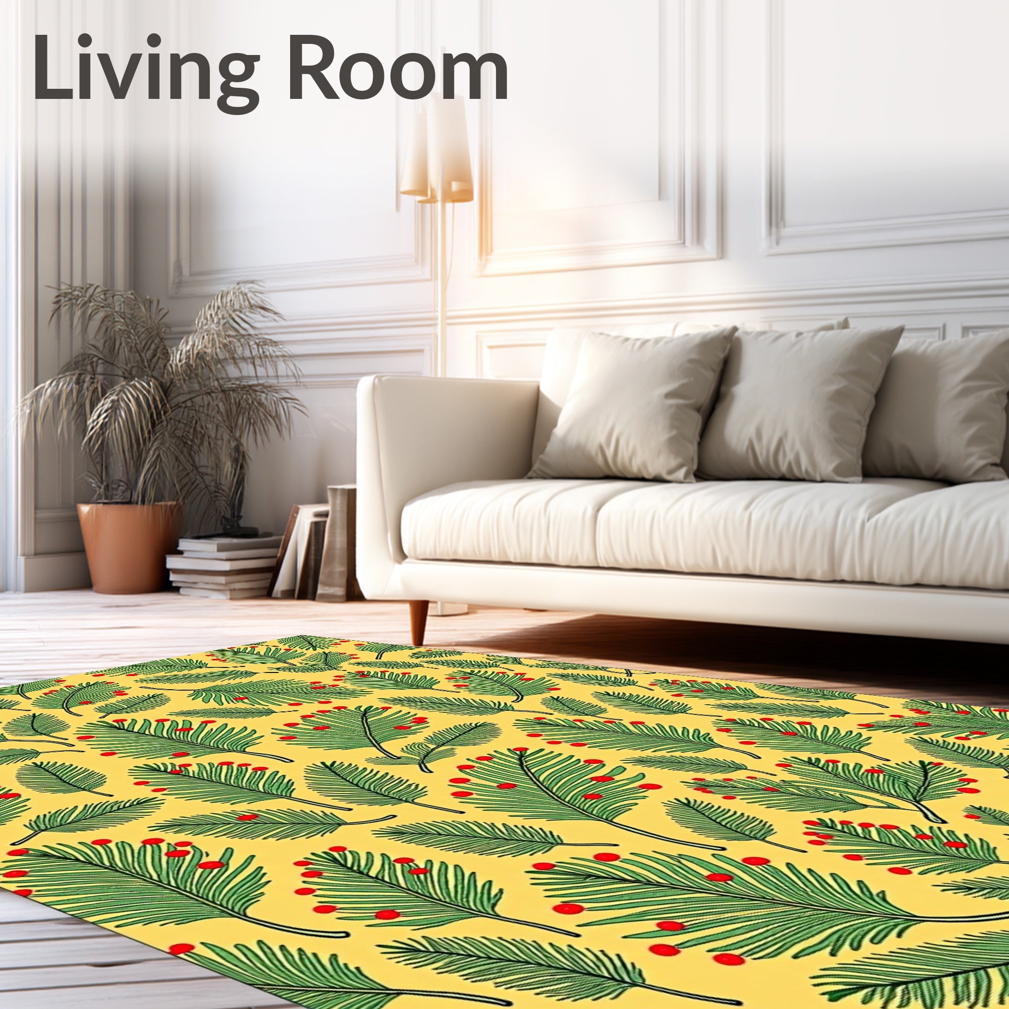 Festive Green Palm Fronds Red Berries Rug