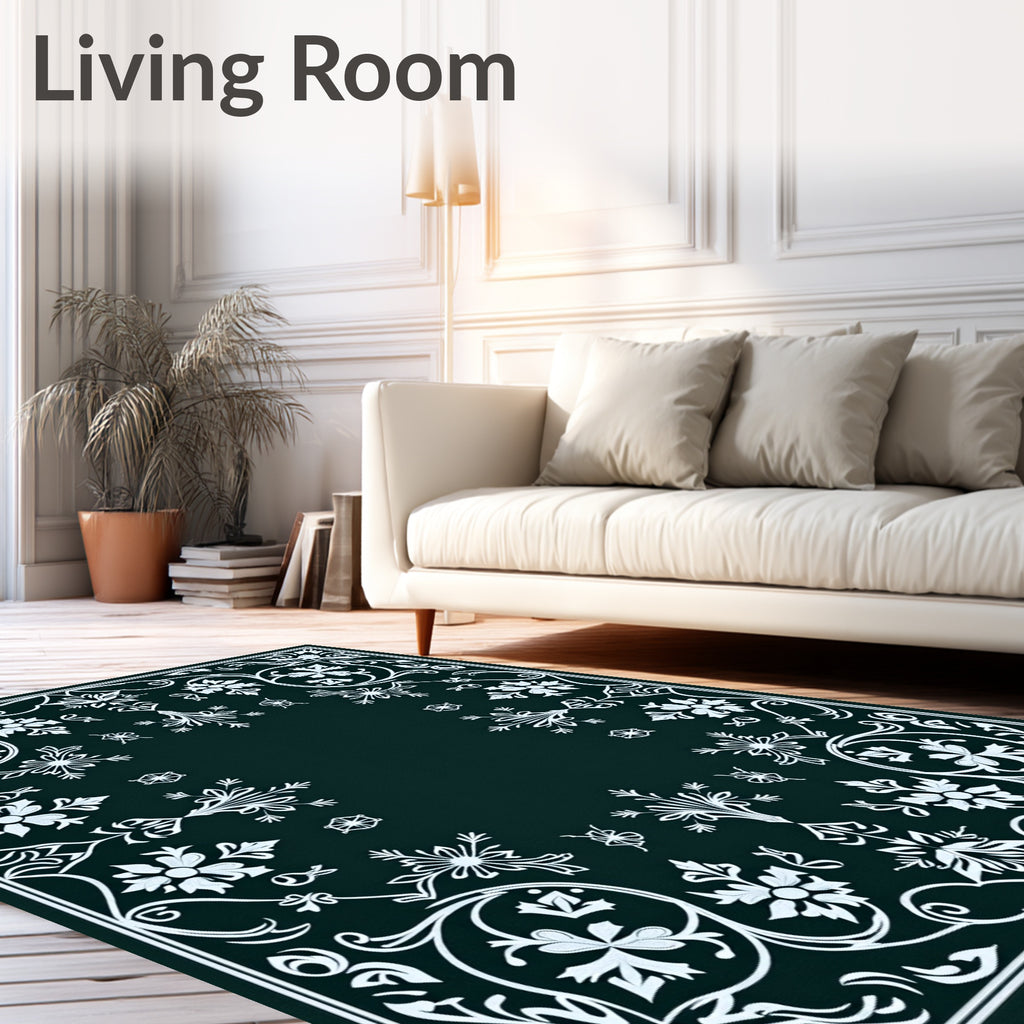 Dark Teal White Floral Scroll Rug