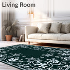 Dark Teal White Floral Scroll Rug