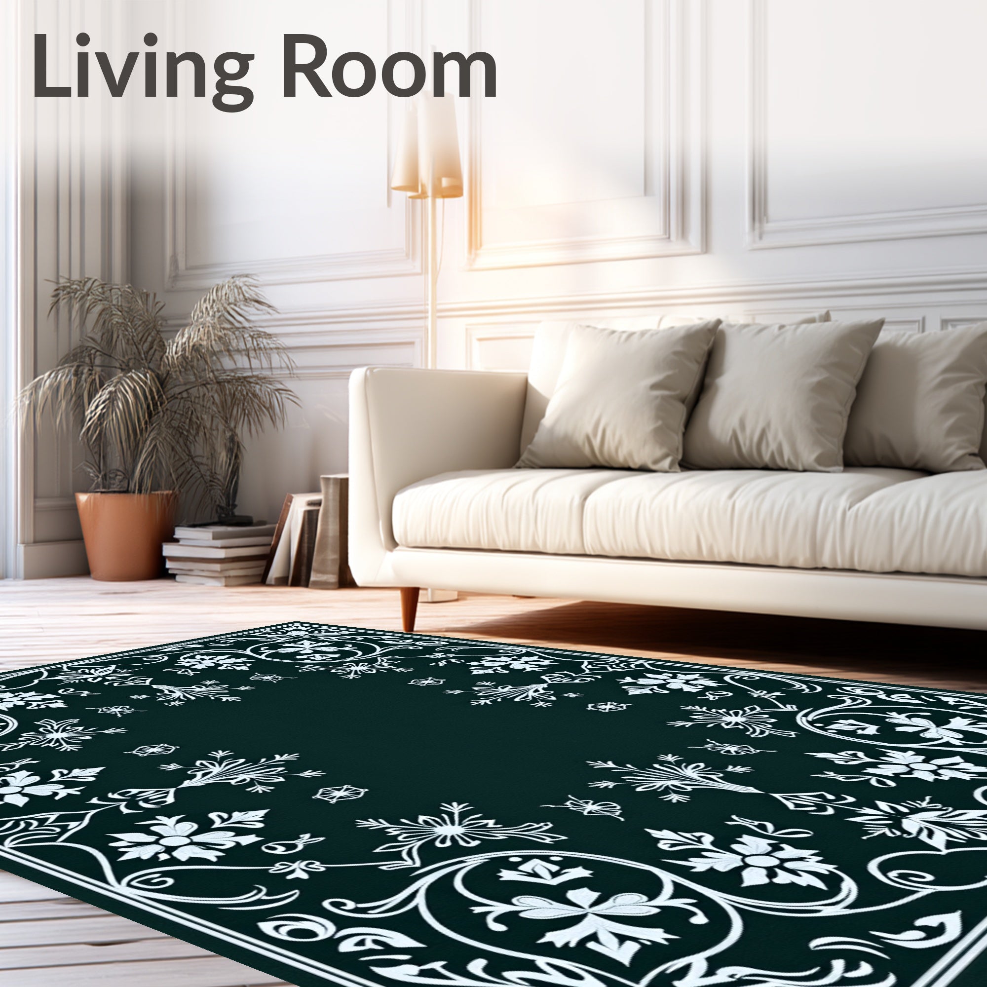 Dark Teal White Floral Scroll Rug