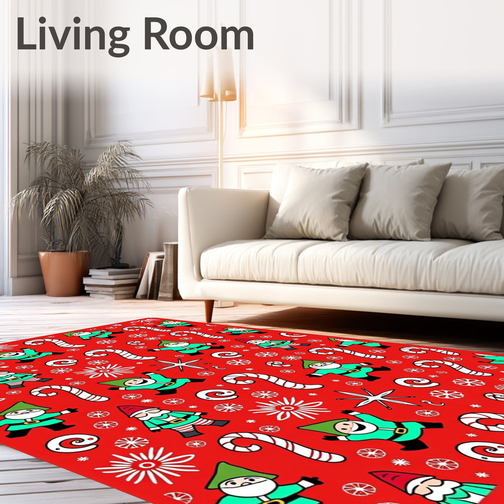 Jolly Elf Candy Cane Holiday Red Rug