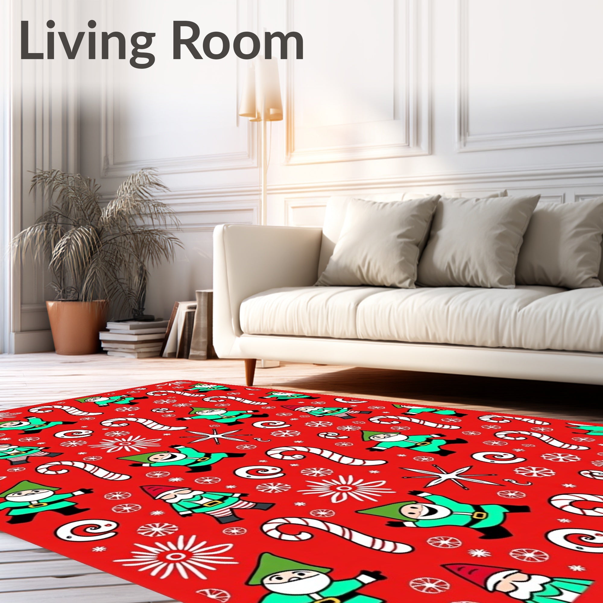 Jolly Elf Candy Cane Holiday Red Rug