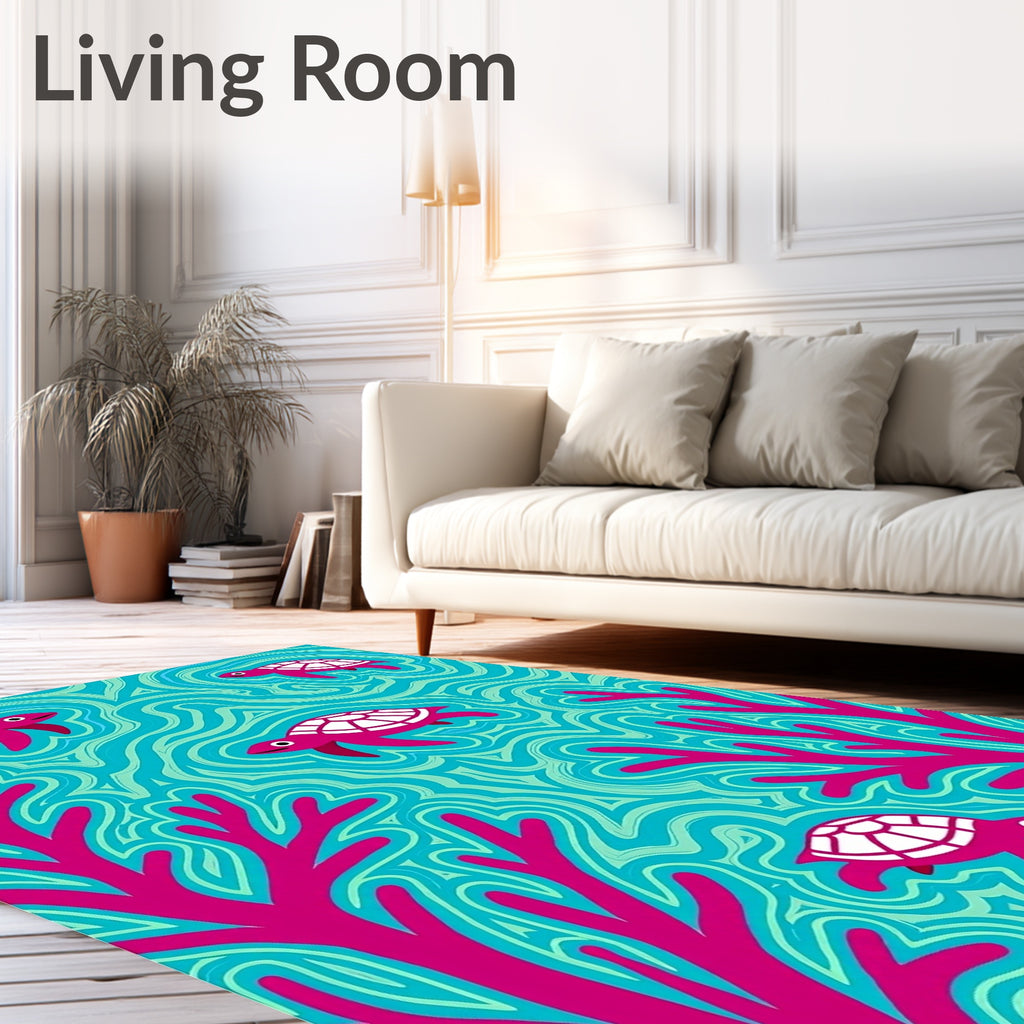 Bold pink turtles and coral aqua waves Rug