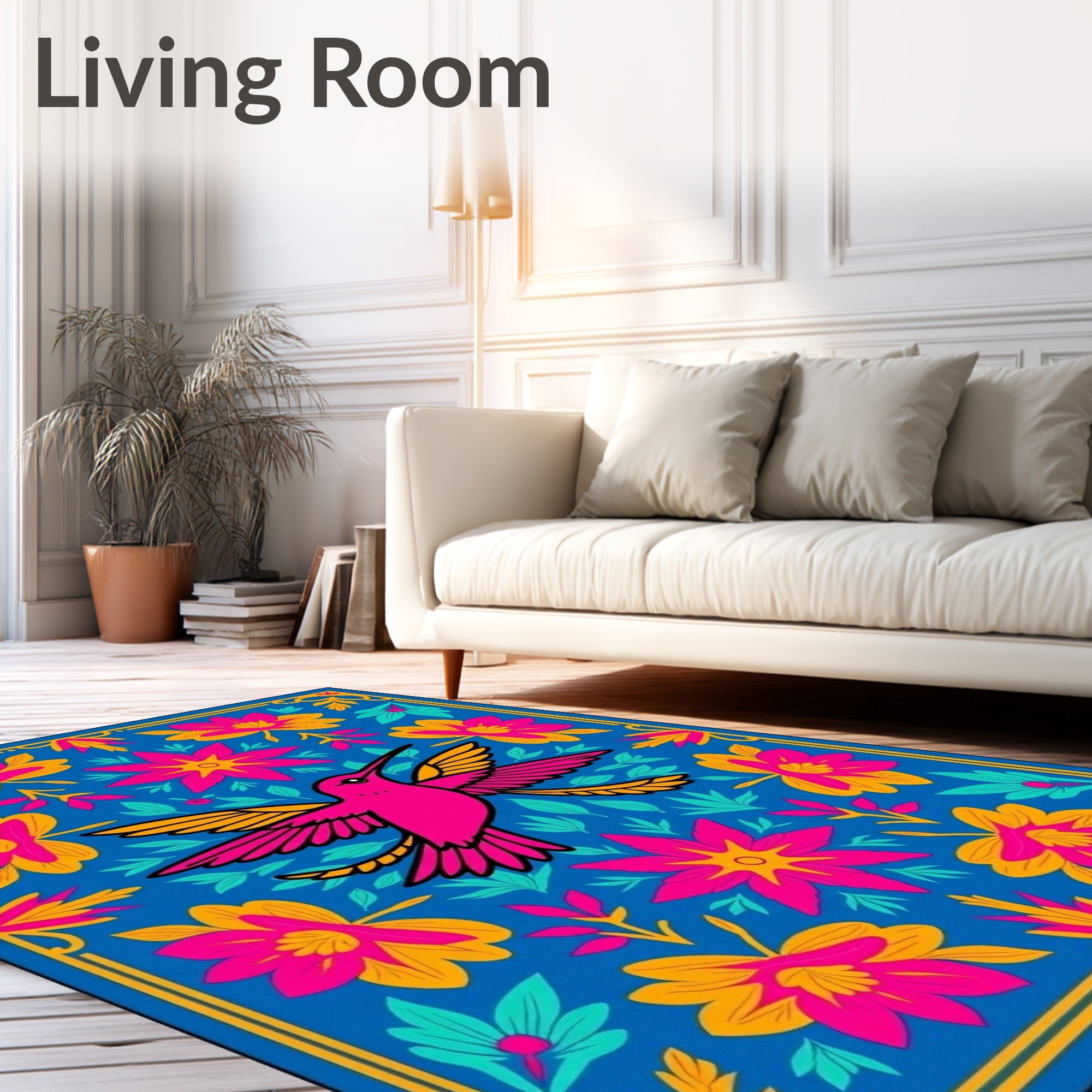 Vibrant Pink Hummingbird Floral Medallion Rug
