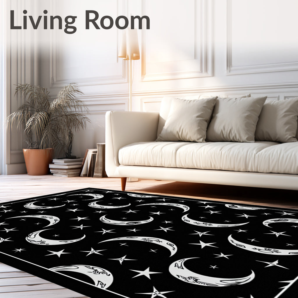 Chic Black Celestial Moon Stars Rug