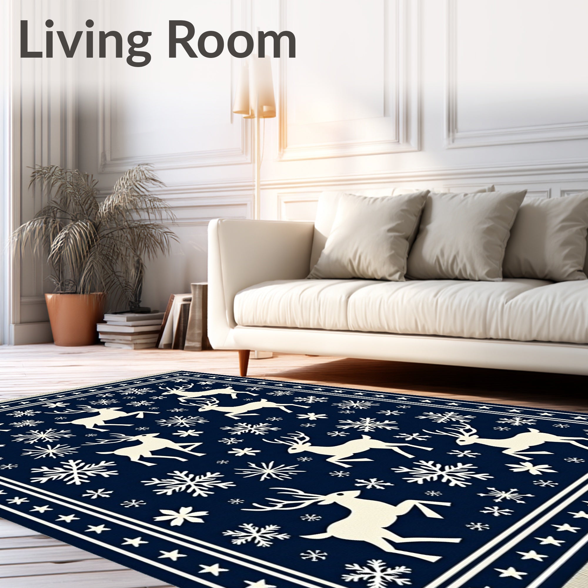 Reindeer Snowflake Border Navy Rug