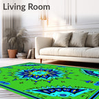 Vibrant Blue Starburst Mandala Green Rug